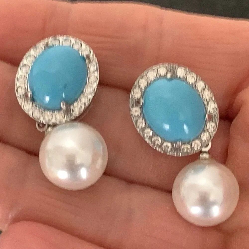 Turquoise Accent Faux South Sea Pearl Drop Earrings in Silver Tone